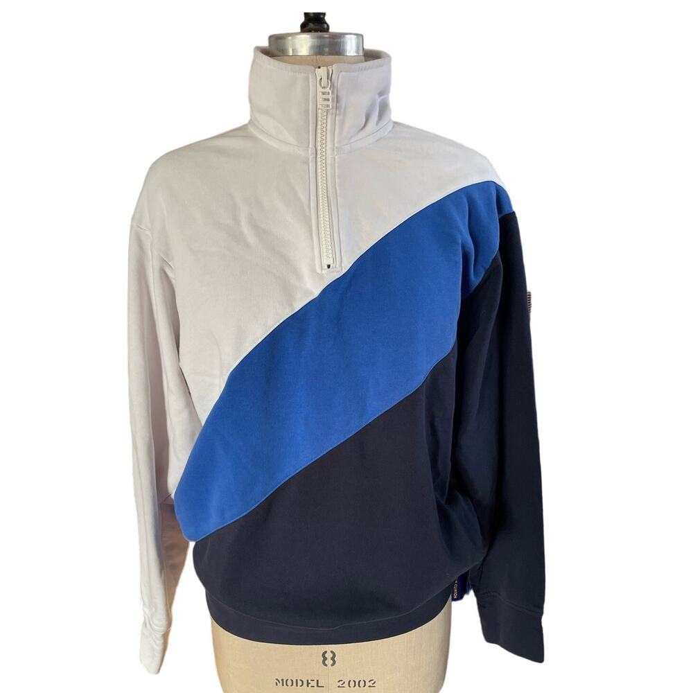 SOLID & STRIPED Color Block Blue Cotton Pullover Quarter Zip Sweater Size Large